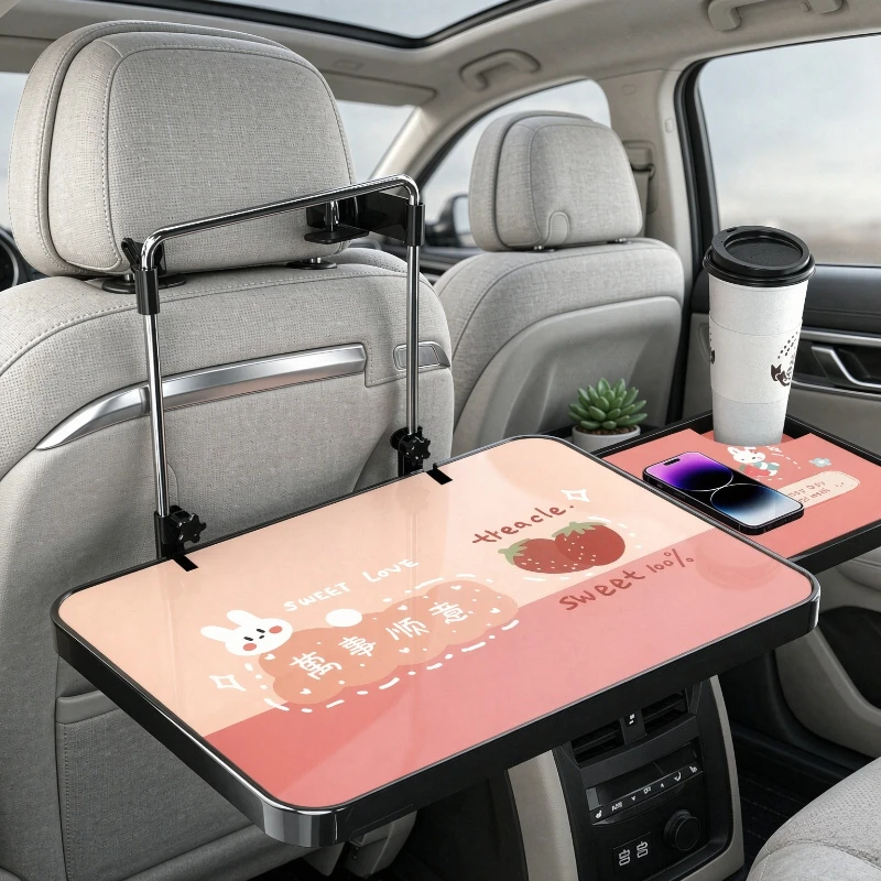 Car Back Seat Folding Tray Table with Hidden Drawer Thickened Triangular Support Stable Passenger Laptop Desk for Travel Dining