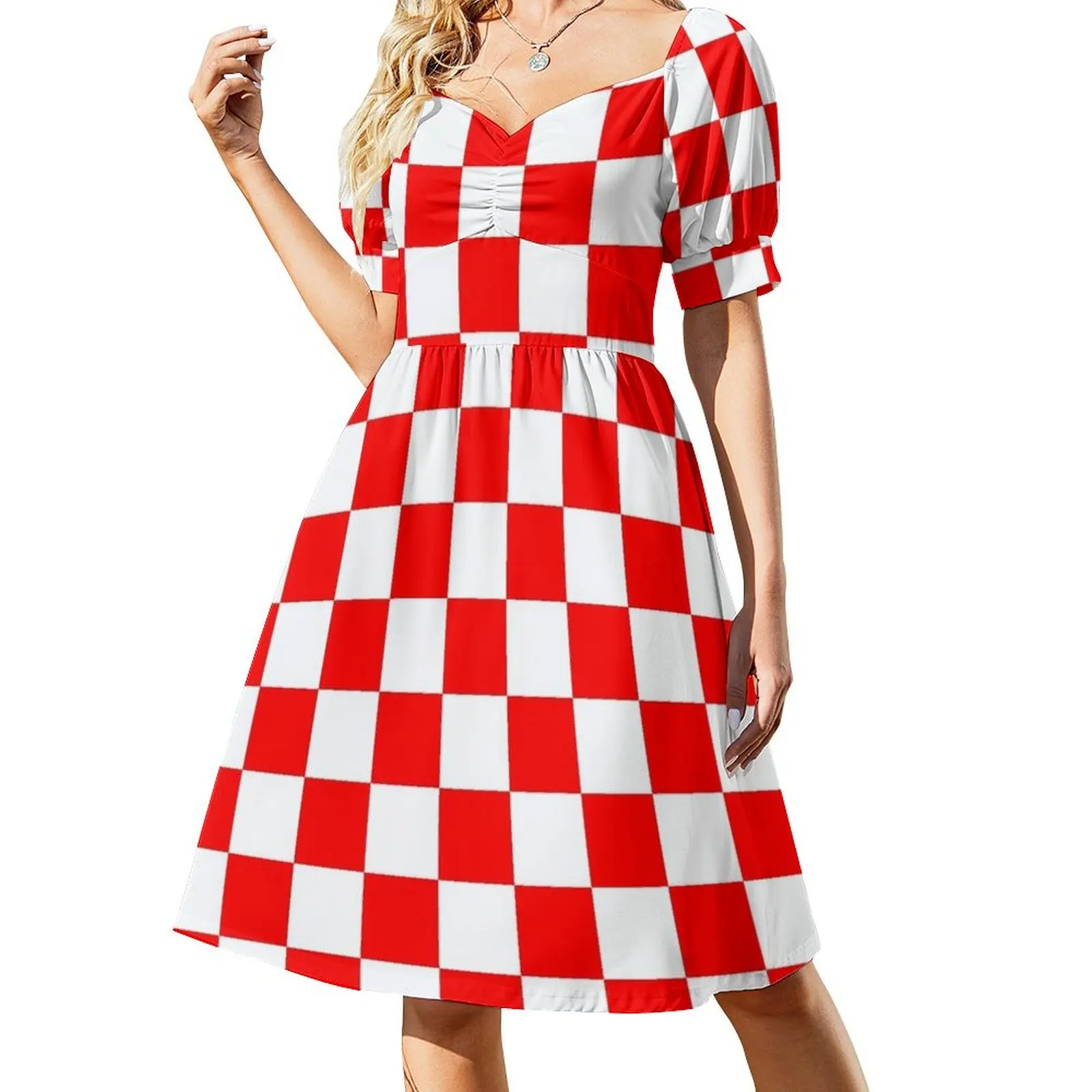 

Red and White Checkered Short Sleeved Dress women dresses Clothing Woman fashion Dress