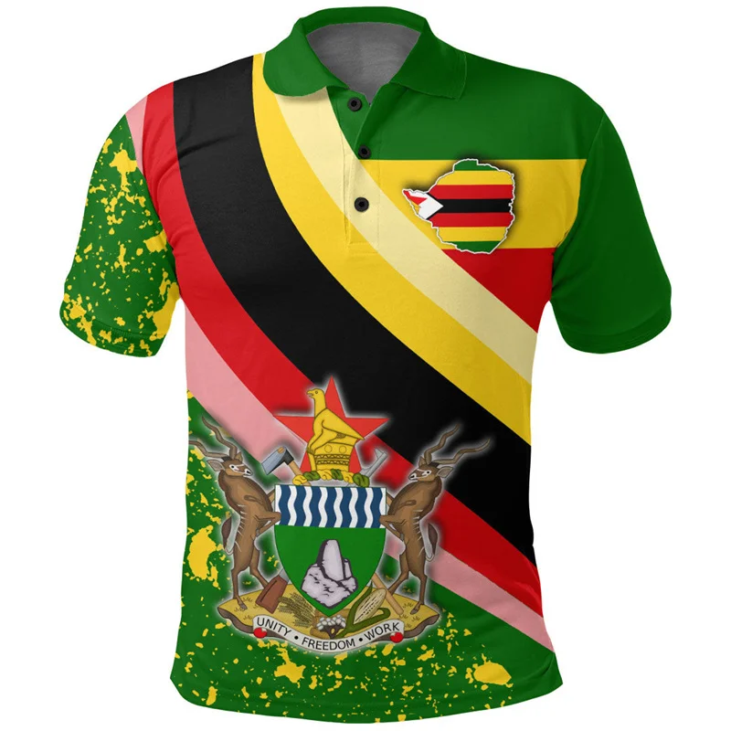 3D Printed Zimbabwe Flag Map Polo Shirts For Men Africa National Emblem Pattern Short Sleeves Casual Lapel Tops Loose Streetwear