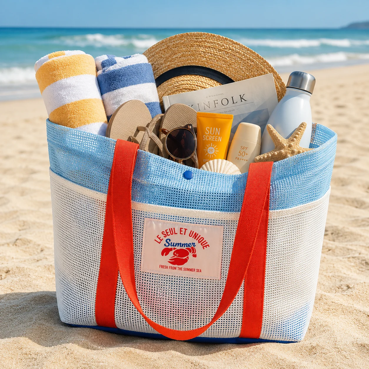 Large Capacity Beach Bag Sand-proof Mesh Beach Swimming Pool Travel Storage Tote Bag Multi-pocket Design Family Holiday Essentia
