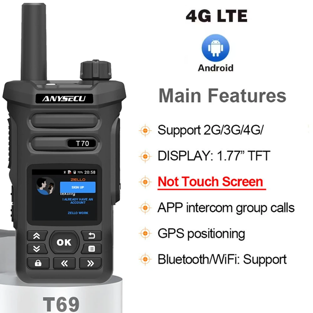 

ANYSECU T70 4G Network Radio GPS WIFI Android 5.1 LTE WCDMA GSM Walkie Talkie Work with Zello or Real-ptt