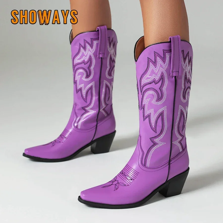 Western Mid-calf Cowboy Boots for Women High Block Heels Blue Purple White Party Dress Lady Retro Square Toe Cowgirl Half Boots