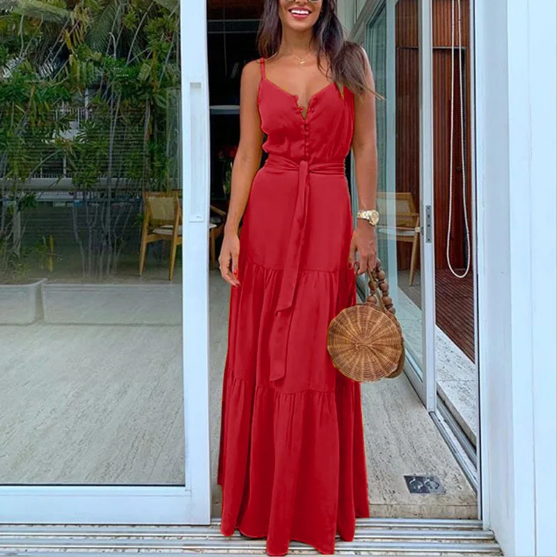 Women Summer Sexy Spaghetti Strap V-neck Long Dress Boho Style Sleeveless Elegant Party Dresses Female Casual Maxi Beach Robe