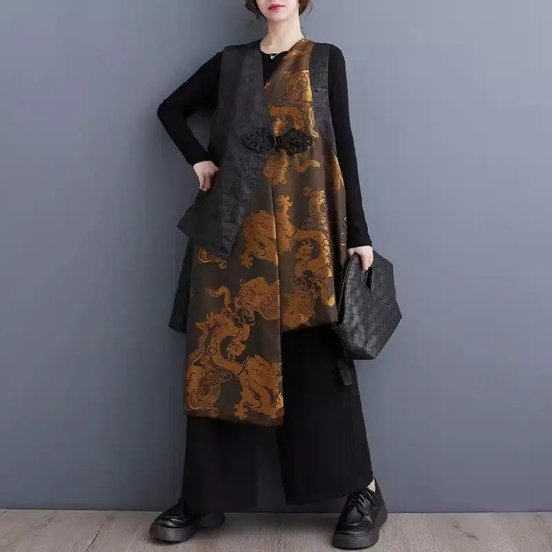 Colete sem mangas de grande tamanho feminino estilo chinês, colete de emenda, jaqueta irregular, roupa elegante, versátil, outono, novo, K1977, 2024