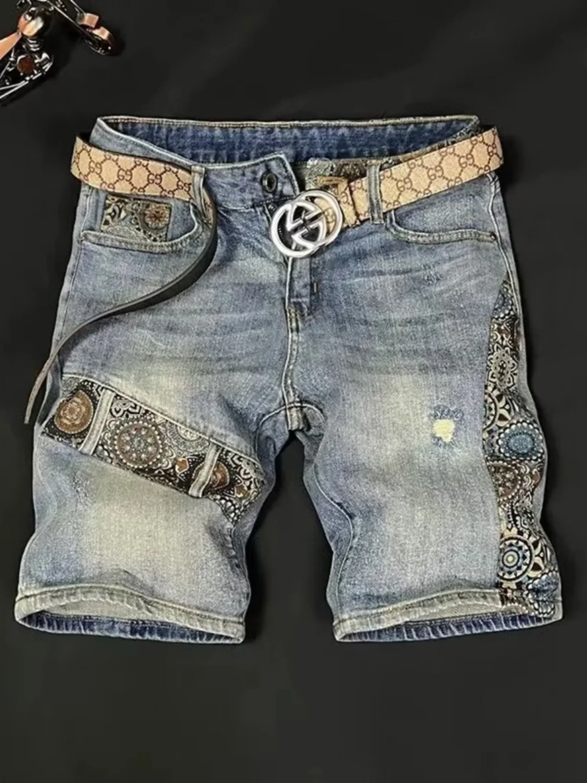 

Faionable Embroidered Men's Skinny Jeans ort Pants Trendy Casual Wear Five-Quarter Length Versatile Comfortable Denim orts