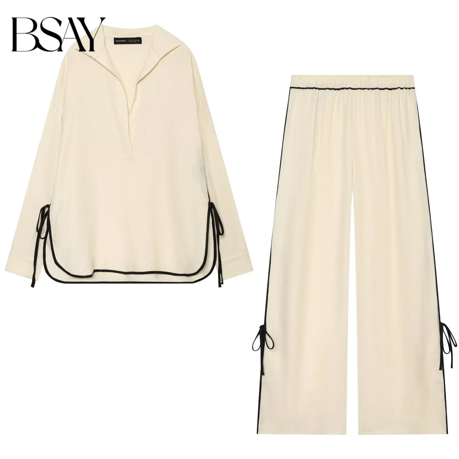 BSAY Street Style Women Lapel Collar Loose Long Sleeve Blouse Elastic Waist Side Tie Wide Leg Pants Two Piece Matching Outfit