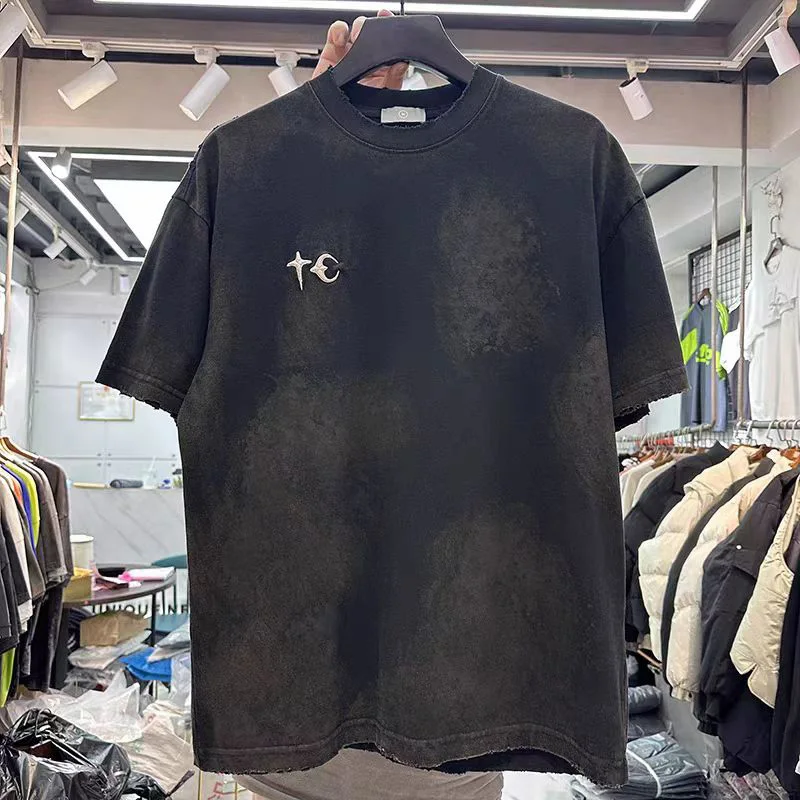 2024ss New Heavyweight Embroidery Logo T Shirt Wear Through Dirty Yellowing Wash Make Old Men Woman Loose Top Tees