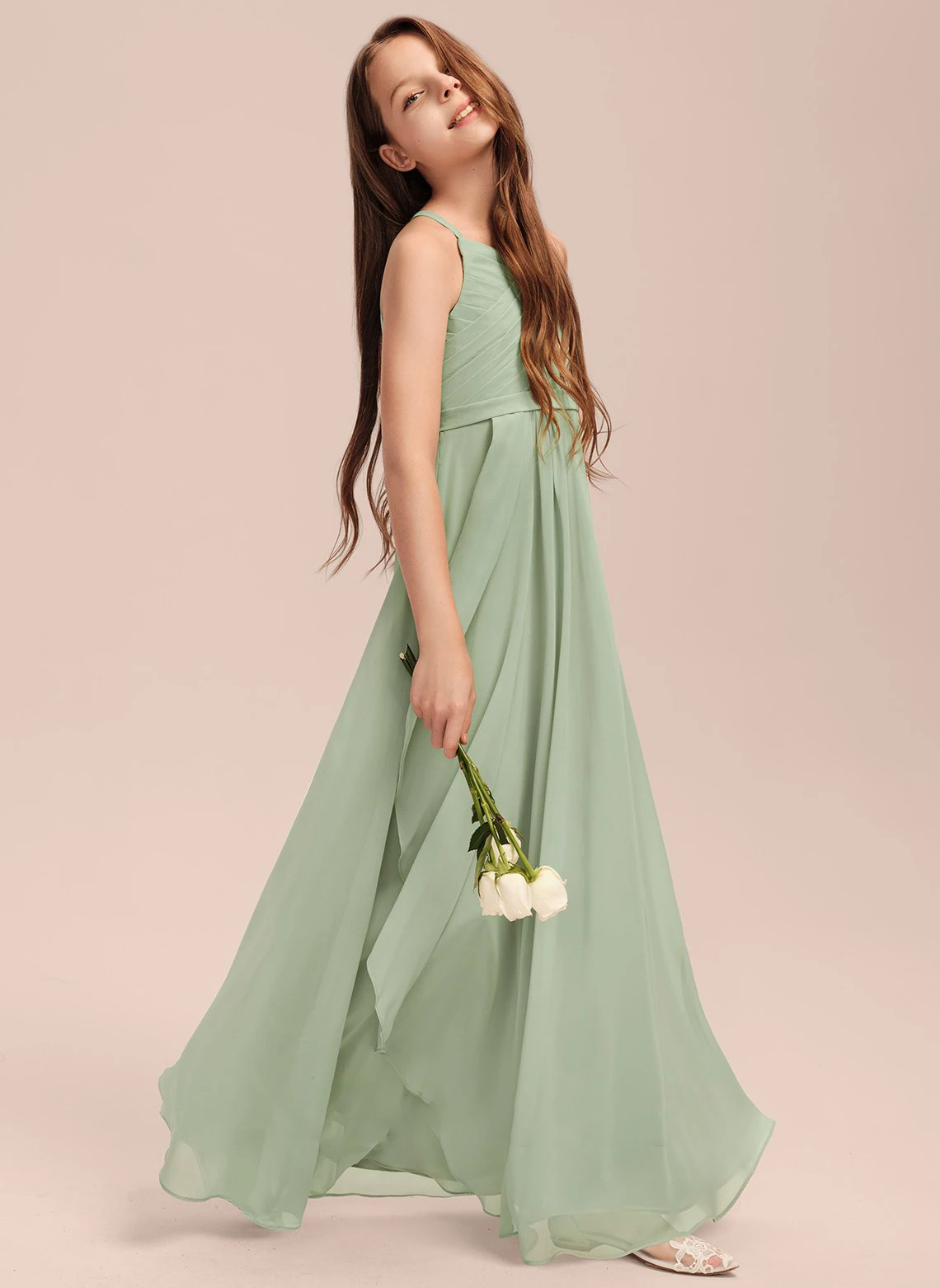 A-line V-Neck Floor-Length Chiffon Junior Bridesmaid Dress With Cascading Ruffles /Junior Bridesmaid Dresses