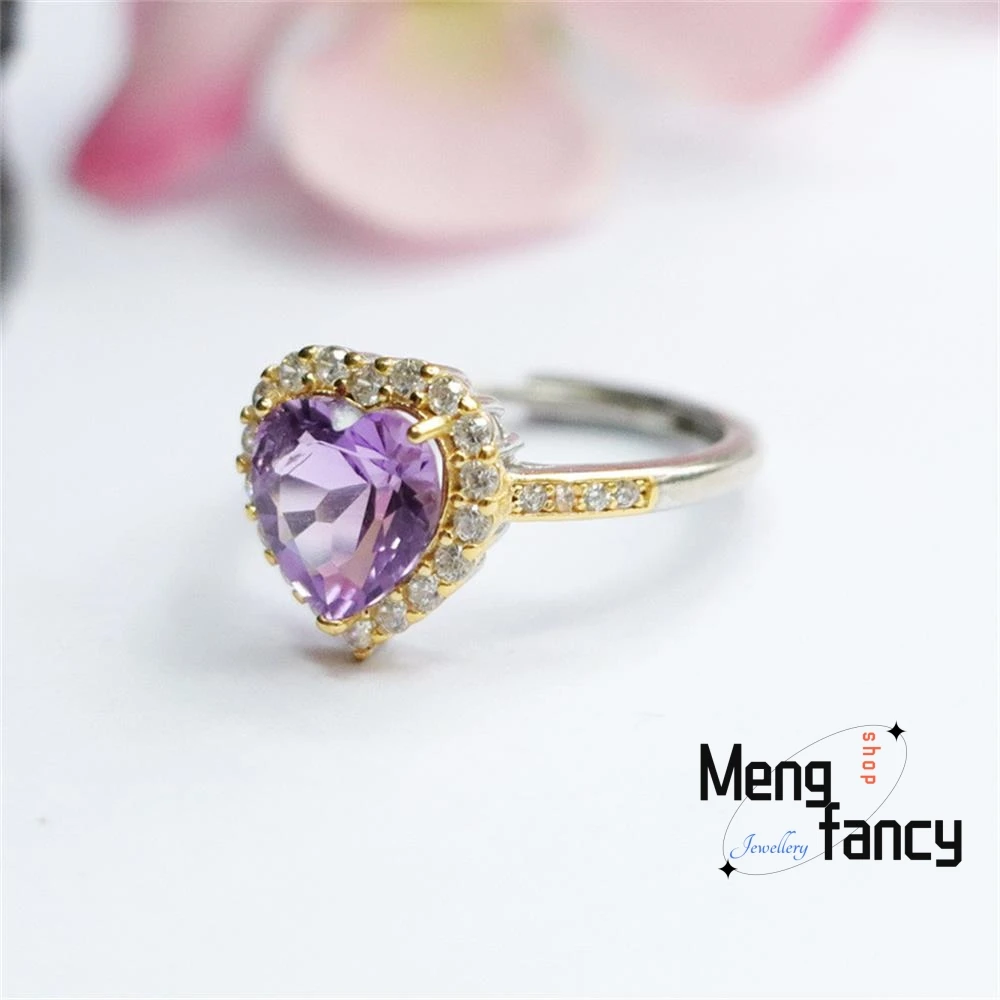 Natural S925 Silver Amethyst Cordate Exquisite Elegant Adjustable Ring Exquisite High-grade Couple Promise Fashion Fine Jewelry