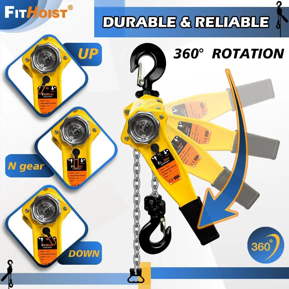 Compact 3/4 Ton Chain Hoist 1650LBS Capacity G80 Steel Hooks 10Ft Lift