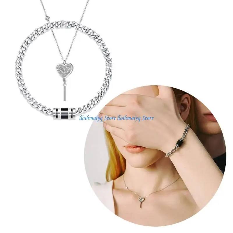 

573B 2pcs Heart Lock Pendant Necklace Small Lock Charm Bracelet Bangle Metal Chain Couple Bracelet Necklace Jewelry Gift