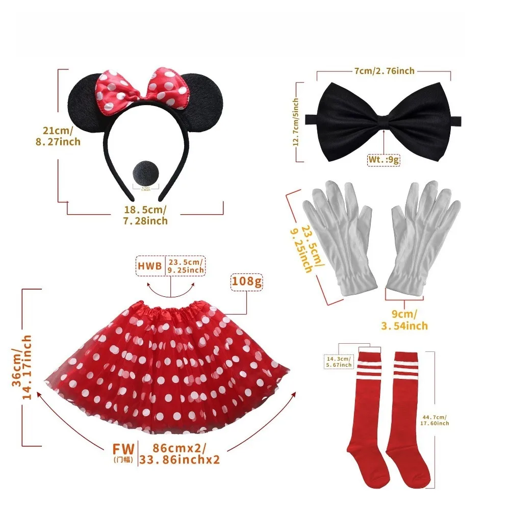 6pcs Mouse Ears Headband Girls Nose Headpiece Skirt Socks Bow Tie Headwear Halloween Costume Birthday Dress Up Accessories