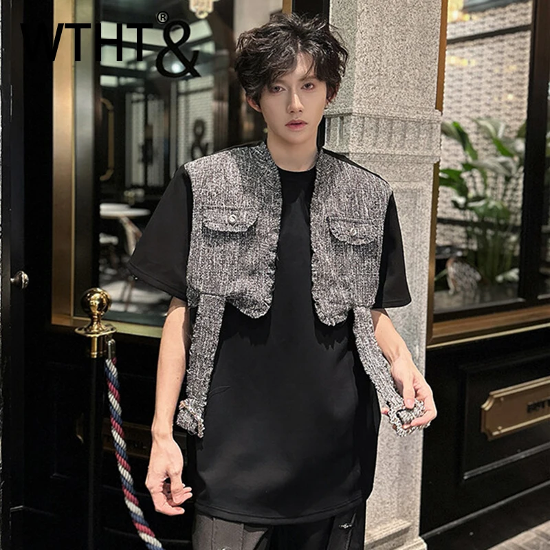 

WTHT Fashion 2025 Summer Men's Pockets Spliced Contrast Color T-shirts Trendy Casual O-neck Short Sleeves Tops Male 2A1238