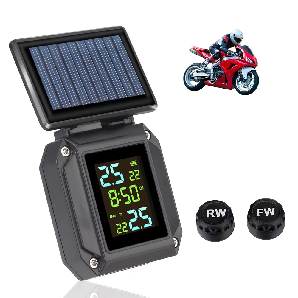 Solor USB Charge Tire Pressure Monitoring System Tyre Temperature Alarm 2 External Sensors Wireless Motorcycle TPMS LCD Display