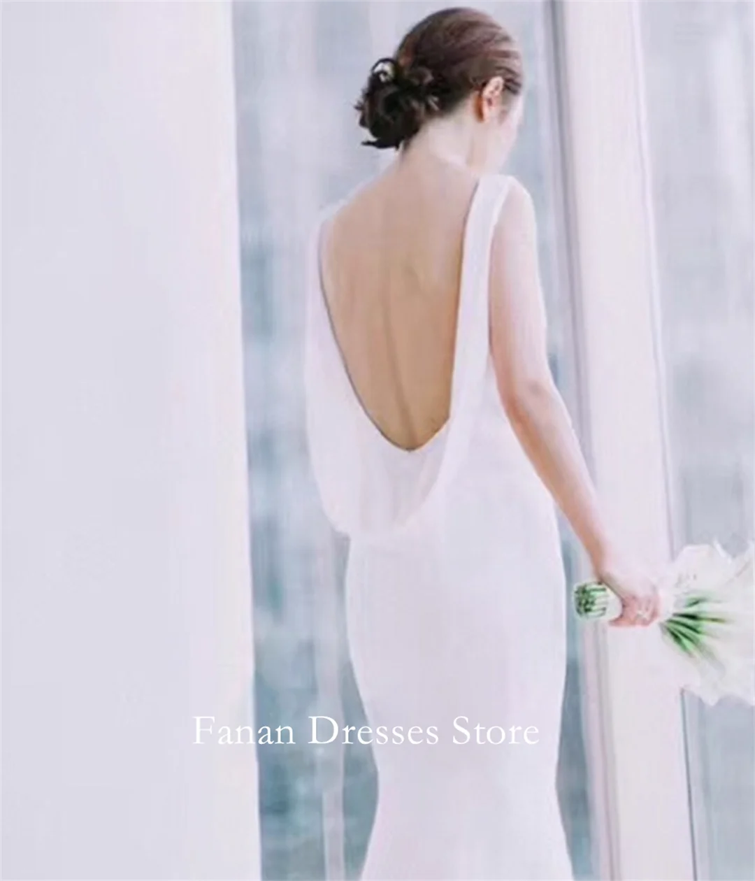 FANAN Corea Barco Neck Sweep Train Sin Mangas Vestidos de Novia Simples Satén de Seda Vestidos de Novia Sin Respaldo Dendechtma Marfil Personalizar