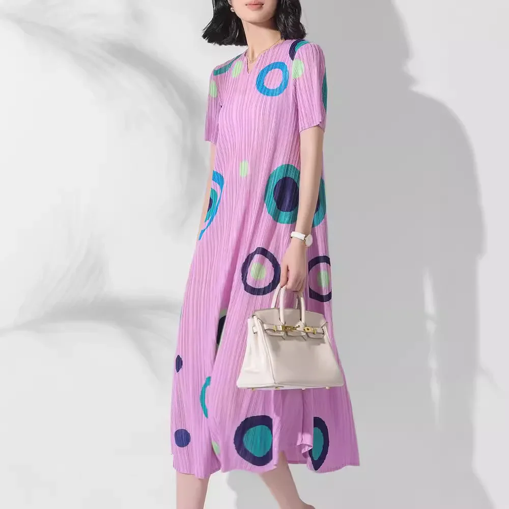 

Miyake Style Pleated Dress for Women 2024 Summer New Round Neck Printed Versatile Elegant Short-sleeved Mid-length Pleated Skirt
