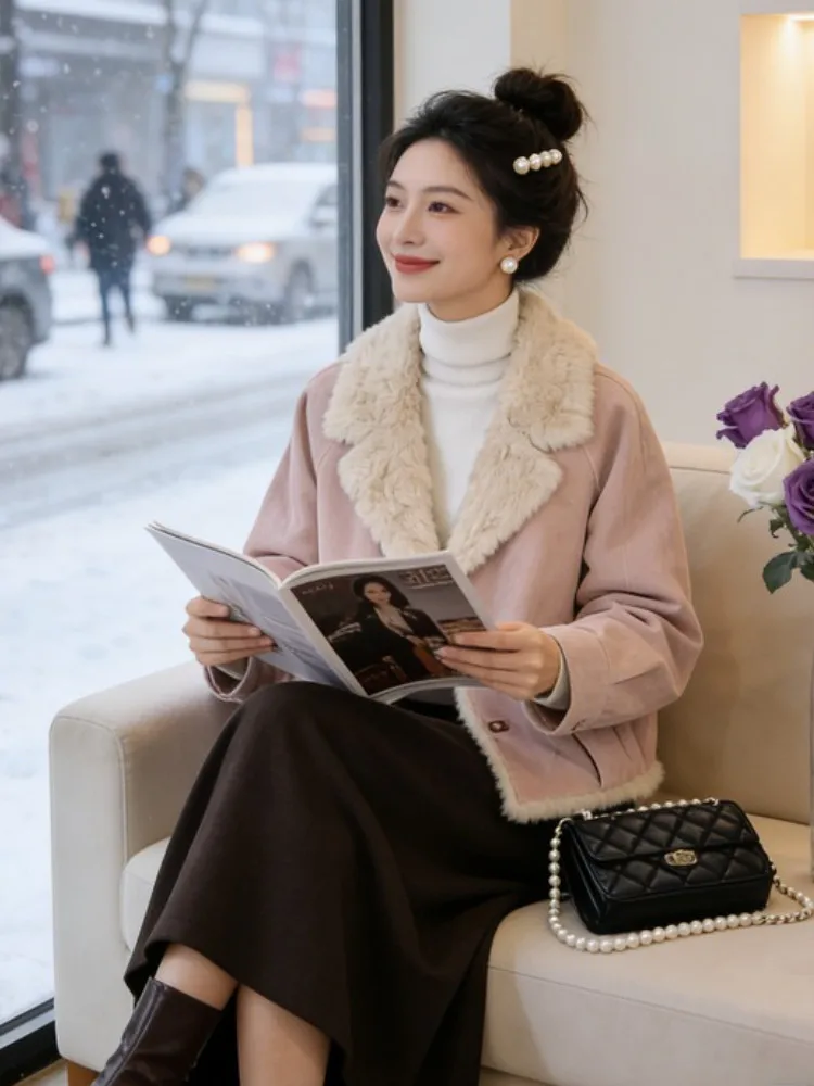 

Lamb Fur Collar Thiened Casual Women's Cotton Jaet Spring Autumn Winter New Sle Button Closure Faionable Coat