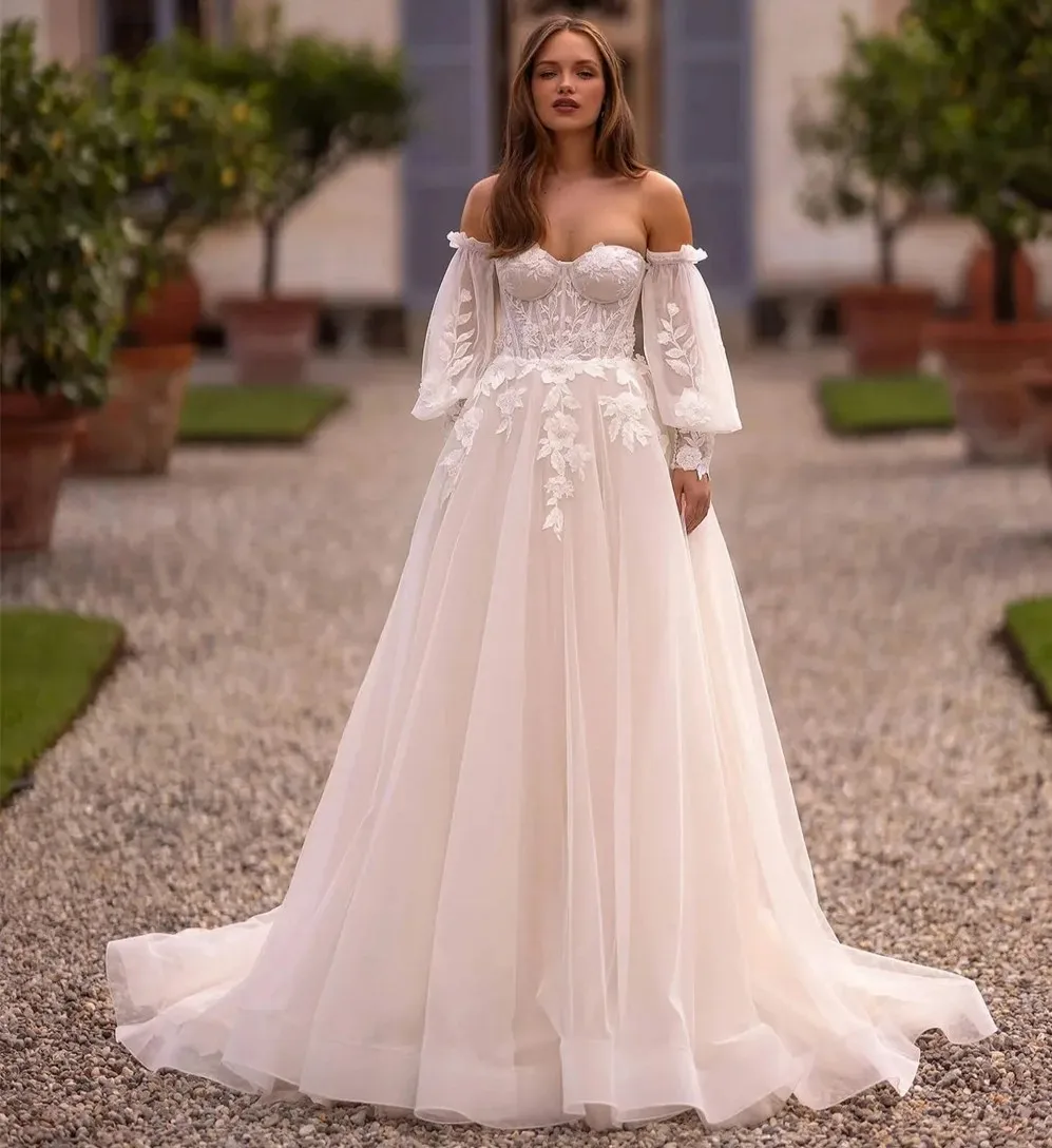 

Elegant A-line Wedding Dress Detachable Bell Sleeves Sweetheart Flowers Lace Appliques Princess Bridal Gowns Robe De Mriage
