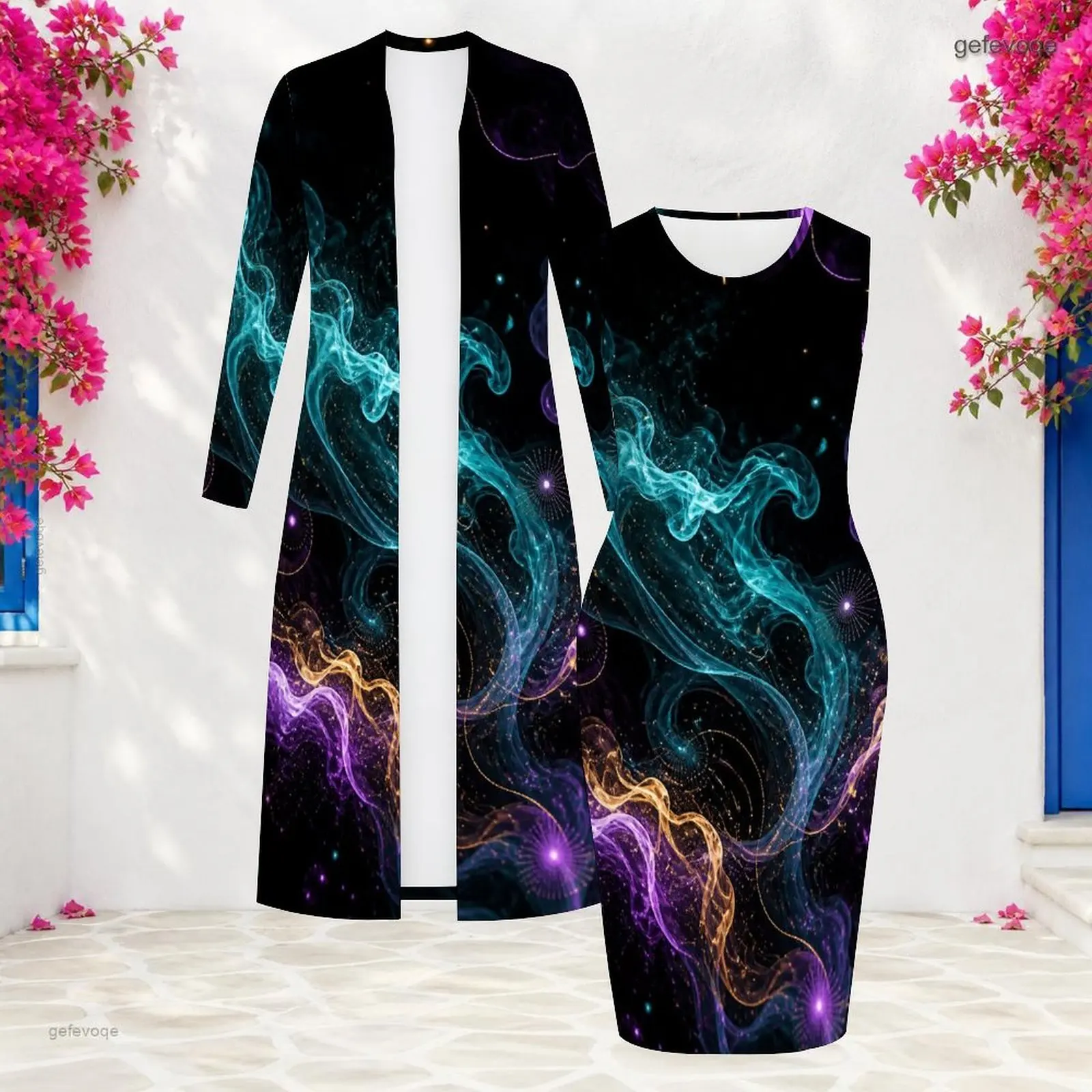 Women Long Sleeve Long Open Front Cardigan Sleeveless Bodycon Dress Two Piece Printed Dress Set