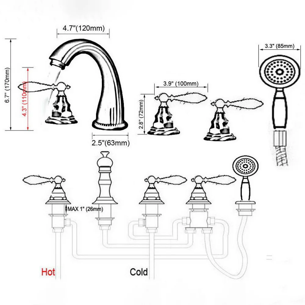 Antique Red Copper Brass Widespread 5 Hole Bathroom Roman Tub Bath Faucet with Telephone Style Hand Held Shower Head atf184