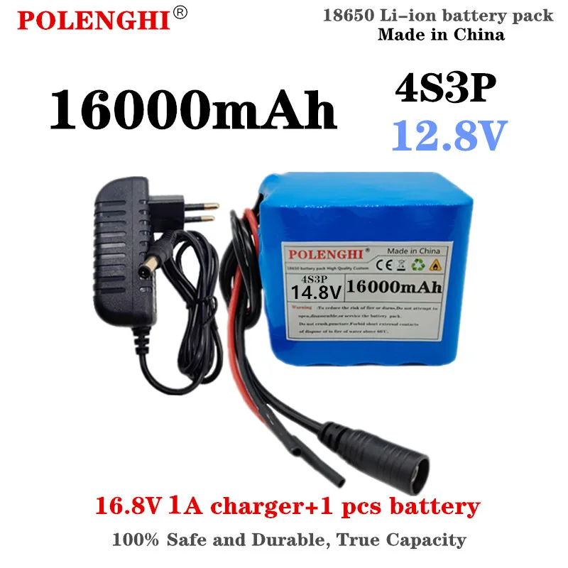 

4S3P 14.8V 16Ah 18650 rechargeable battery pack with built-in BMS for electric boat 12V power supply 16.8V 1A charger