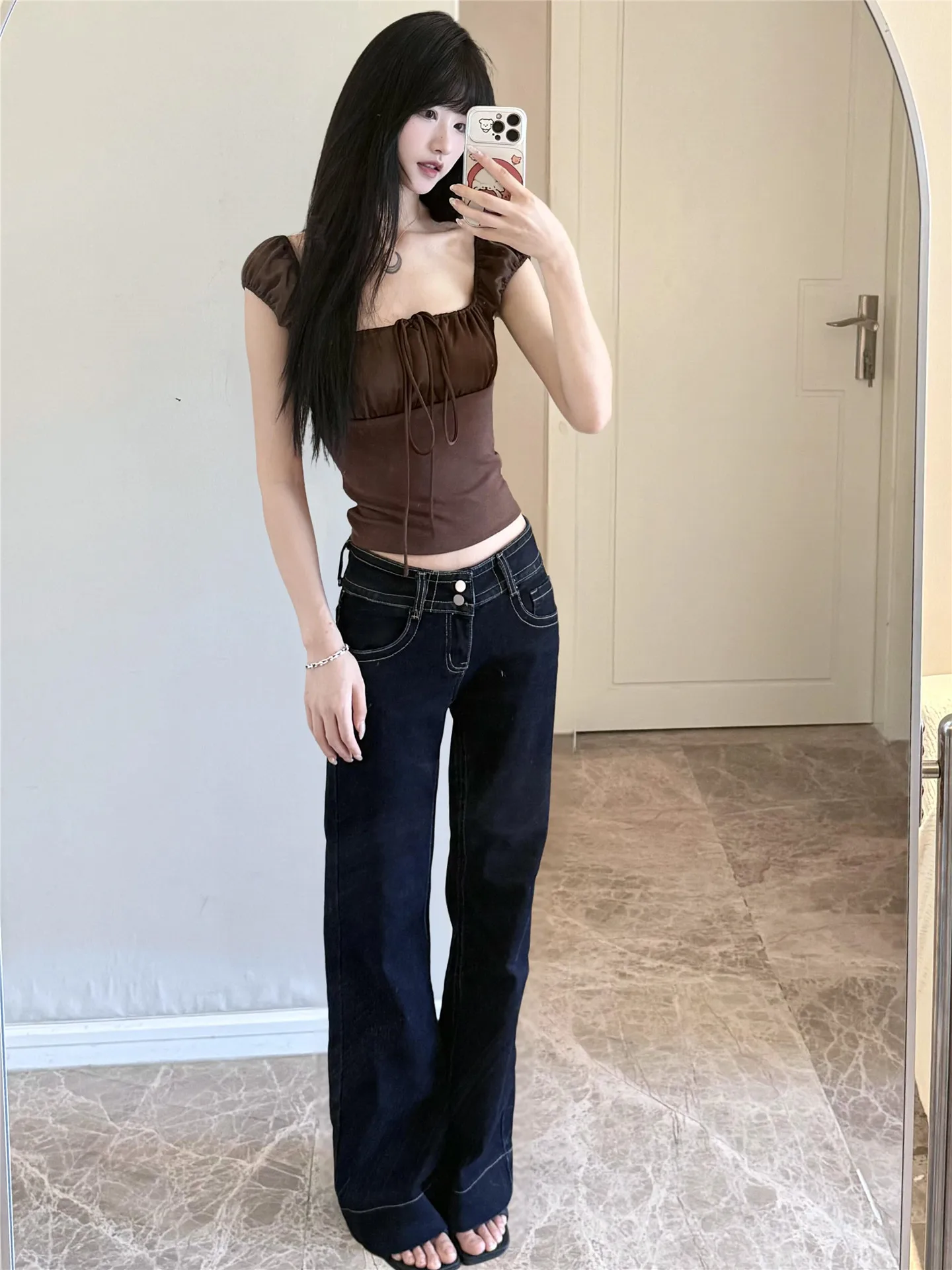 

American Style Low Waist Bell Bottom Jeans Women Summer Loose Slimming Design Sensation Floor Length Pants Casual Cotton