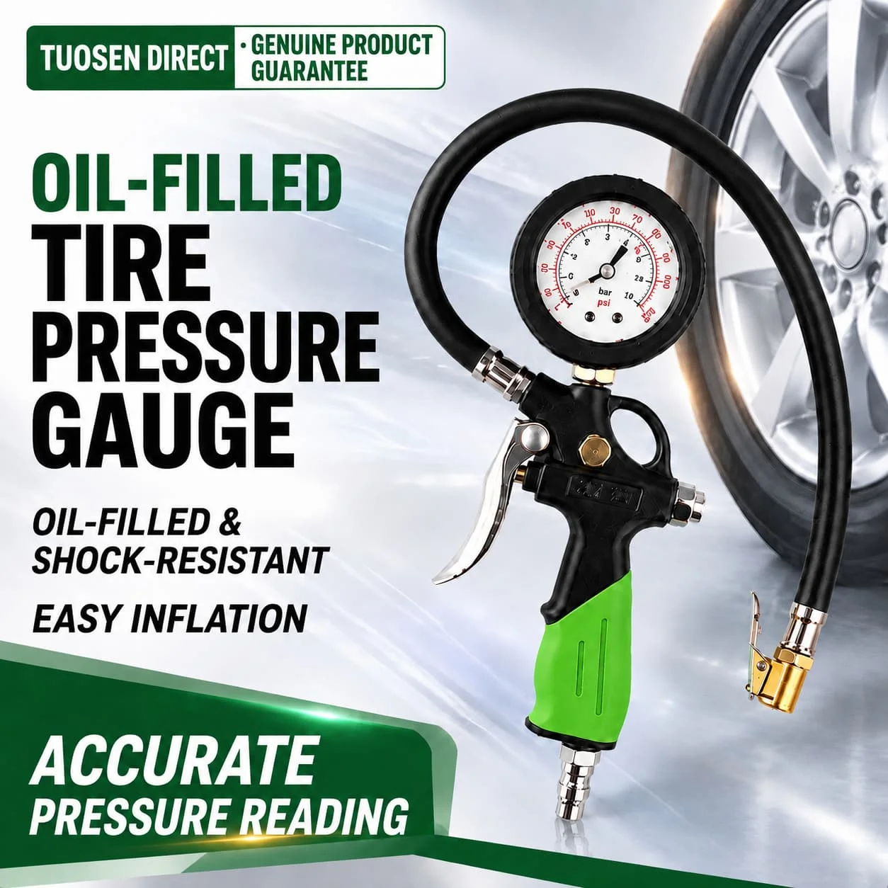 Oil-Filled Tire Pressure Gauge 0-230 PSI with Inflator Gun, Air Chuck, 370mm Hose and Non-Slip Grip for Cars