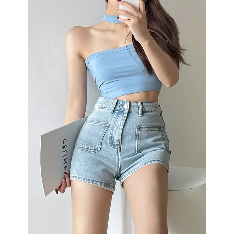 Pocket High Waist Denim Shorts Women 2023 Summer New Street Spicy Girls A-line Hot Shorts Sweet Fashion Korean  M884