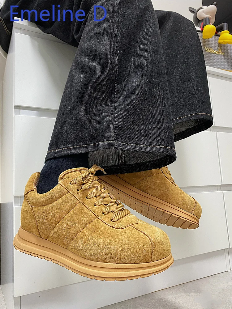 

Желтые туфли на толстой подошве со шнуровкой, модные нишевые туфли с круглым носком, увеличивающие рост, легкие универсальные спортивные туфли для отдыха