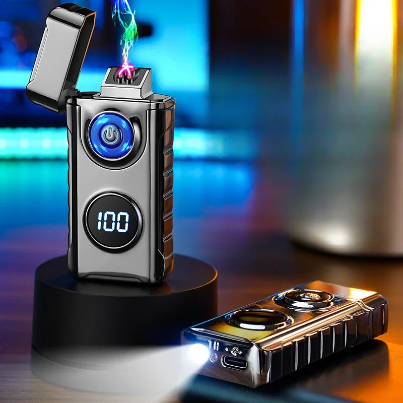 New Outdoor Lighting Dual Arc Digital Display Lighter Metal Windproof Type-C Fast Charging Rechargeable Cigarette Lighter