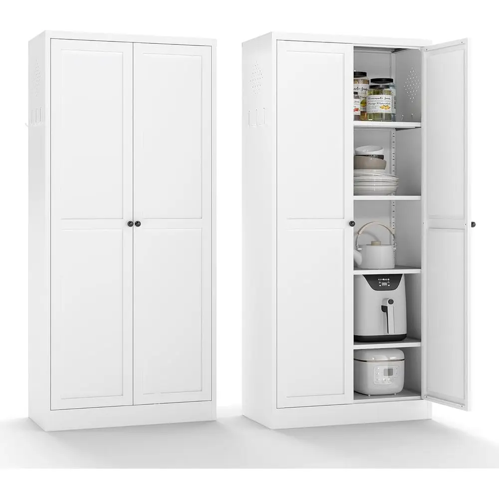 

61 White Freestanding Pantry Cabinet with 4 Adjustable Shelves and 2 Doors for Kitchen or Living Room Assembly Required