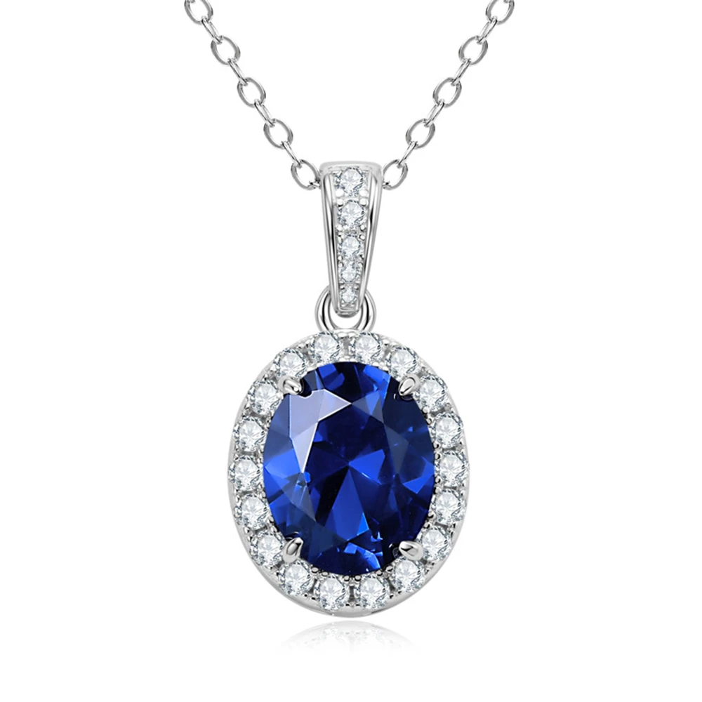 Wong Rain Classic 100% 925 Sterling Silver Oval Cut 8*10 MM Sapphire High Carbon Diamond Gemstone Pendant Fine Jewelry Wholesale