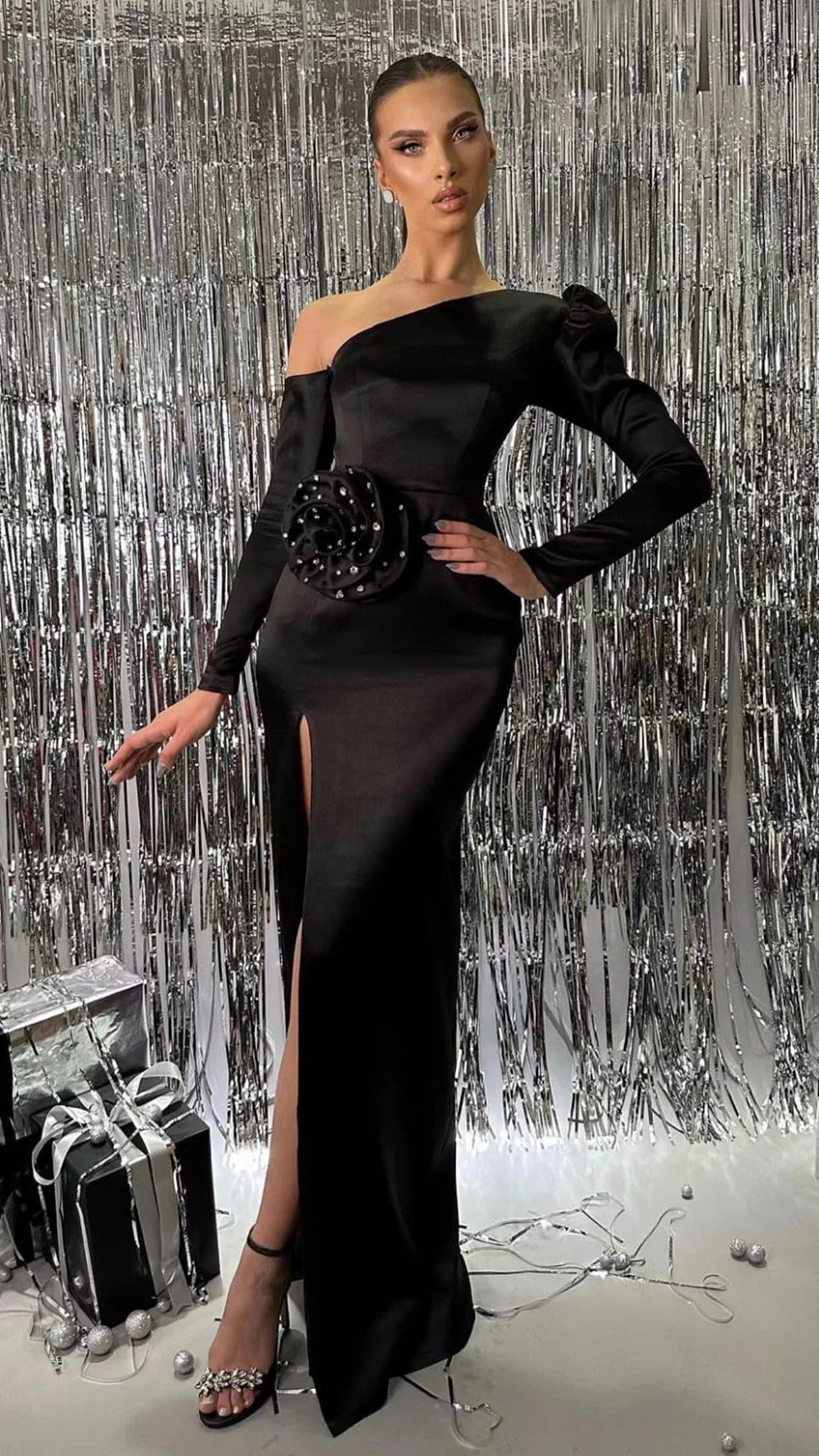 

2024 New Women's Sexy One Shoulder 3D Diamond Flower Split Long Bandage Dress Elegant Celebrity Party Evening Dress