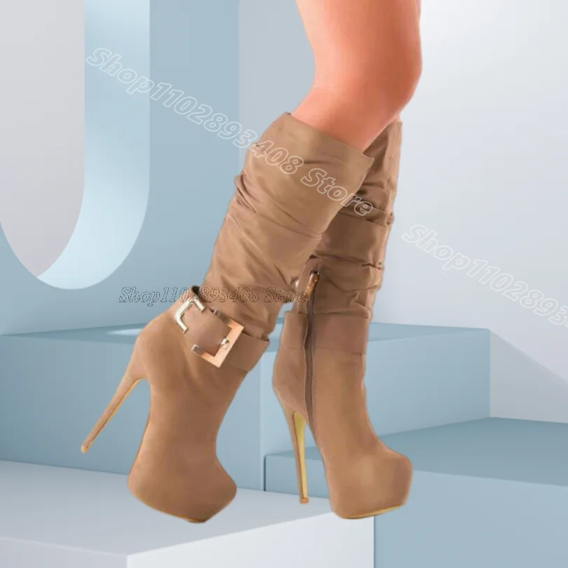 

Brown Flock Pleated Round Toe Boots Side Zipper Platform British Style Party Dress Fashion Women Shoes 2025 Zapatos Para Mujere
