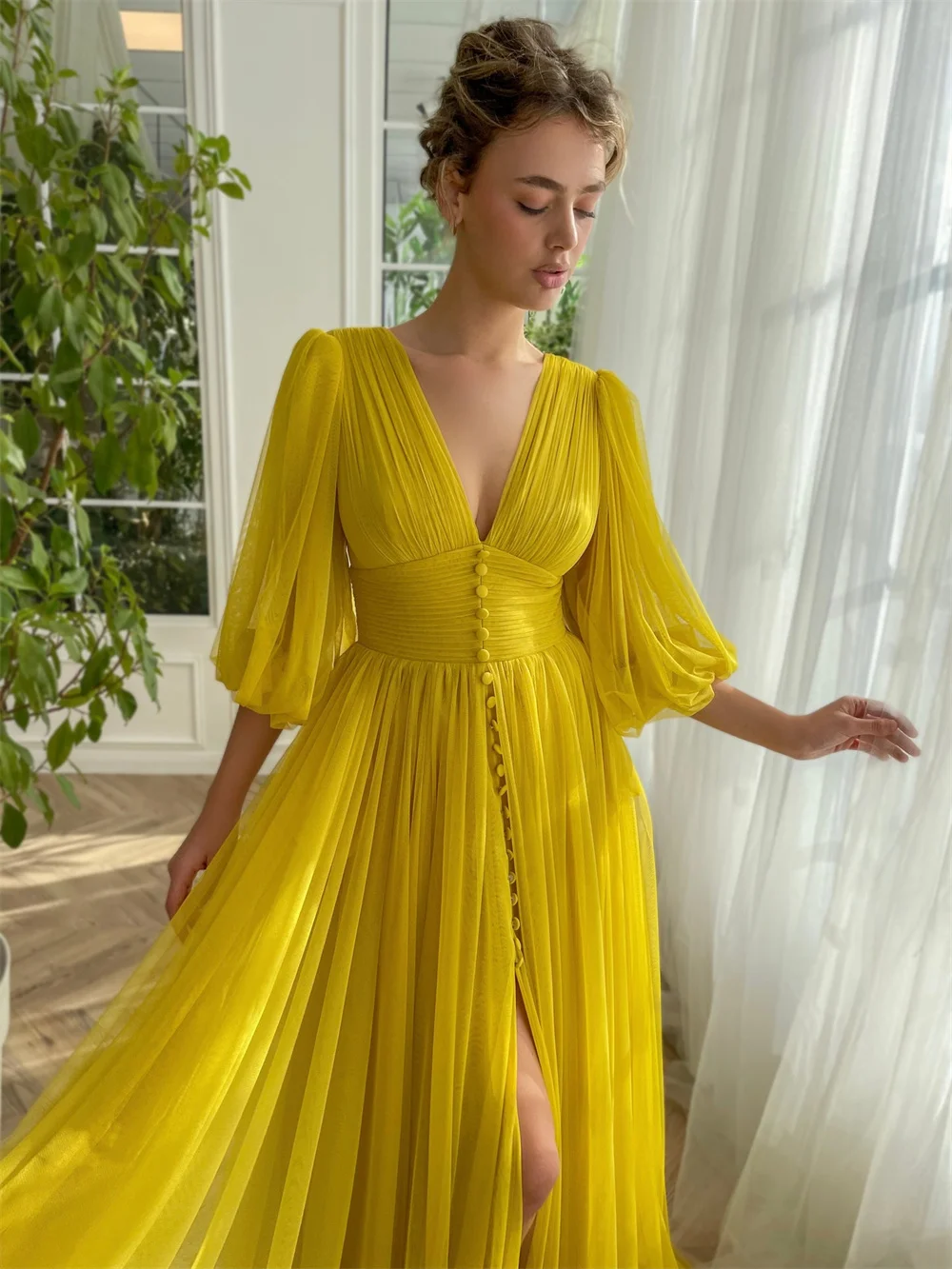 Bella Yellow Chiffon A-line Prom Dresses Elegant Long Sleeves Evening Dress V-neck Side Split Customized Vestidos De Fiesta