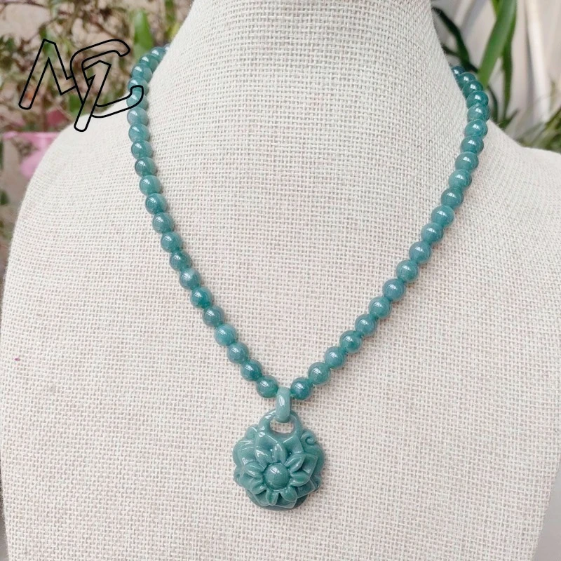 Natural Blue Water Flower Pendant 8mm Necklace Vintage Gemstone Stone Carved Jewelry Burmese Jade Gifts for Women Charm Fashion