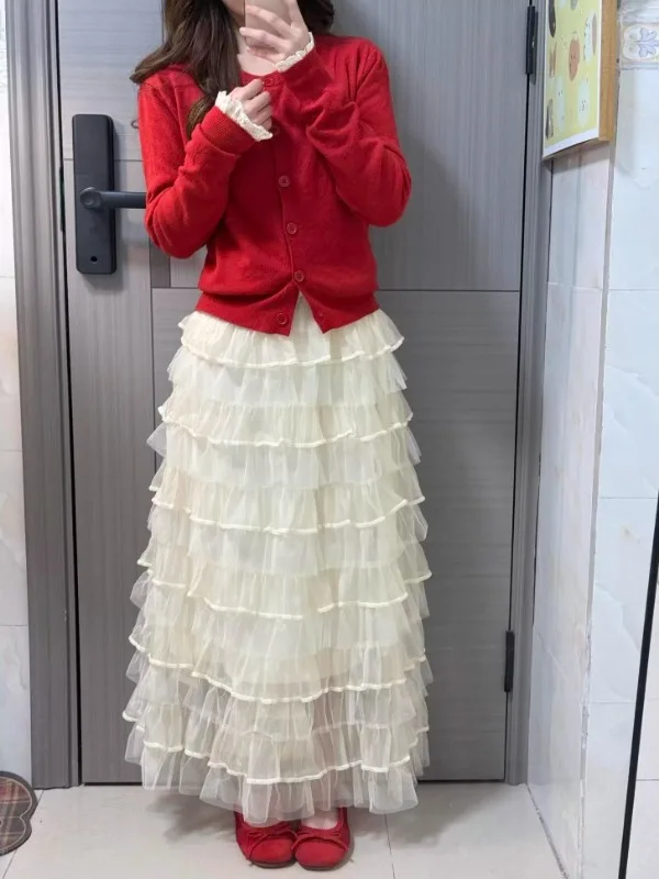 

Многослойная юбка-трапеция Sweet Girl's с высокой талией, пышная длинная юбка в корейском стиле для повседневной носки