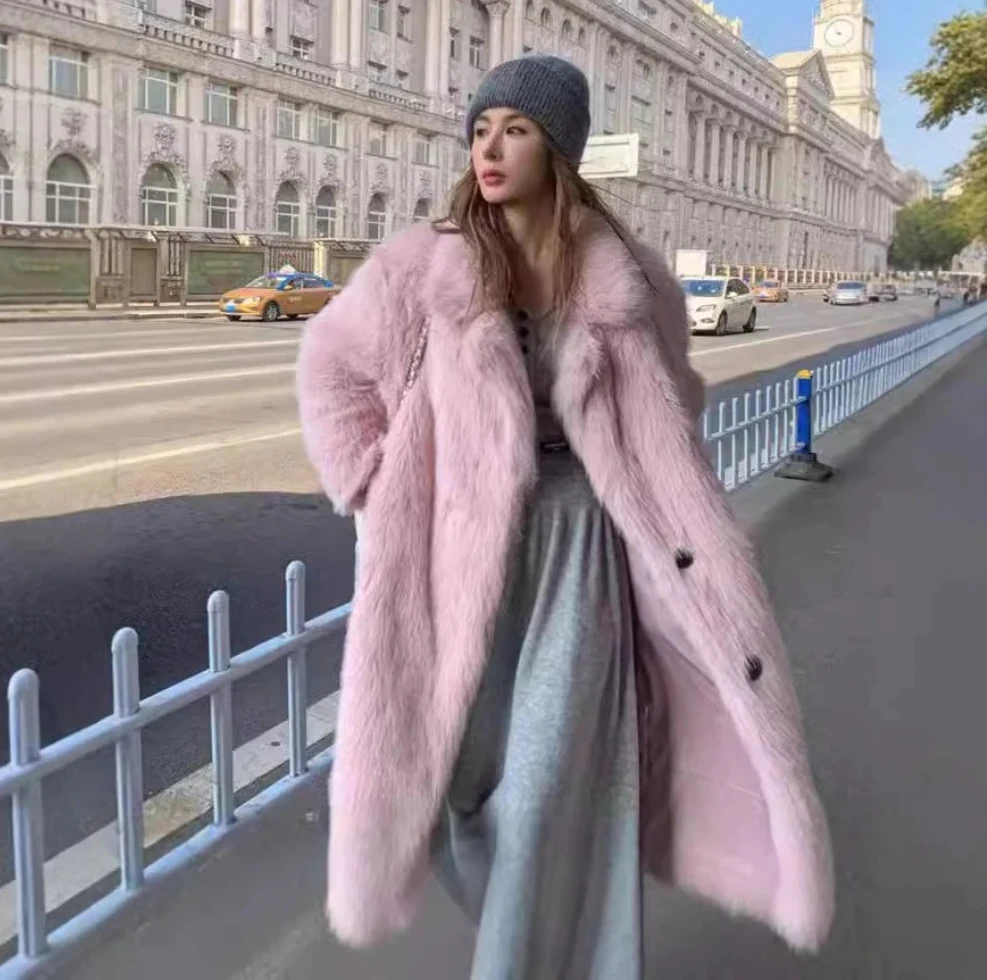 

2025 Women's Pink Faux Fox Fur Coat Notched Collar Double Breasted Long Plush Jacket Elegant Loose Fit Luxury