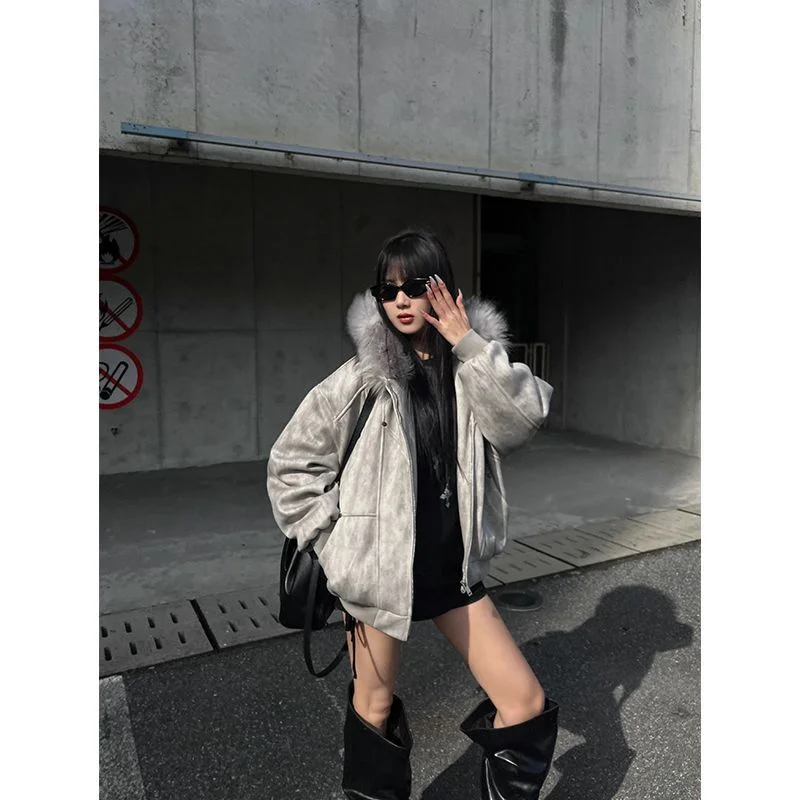 

American Faux Fur Parkas Women Autumn and Winter Couple Clothing Gothic Punk Jackets with Hooded Korean Fashion Harajuku Coats