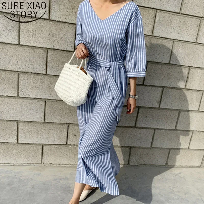 Women Dress Loose Lace Up Belt New Fashion 2022 Summer Casual V-neck Half Sleeve Striped Split Cotton and Linen Long Dress 9679