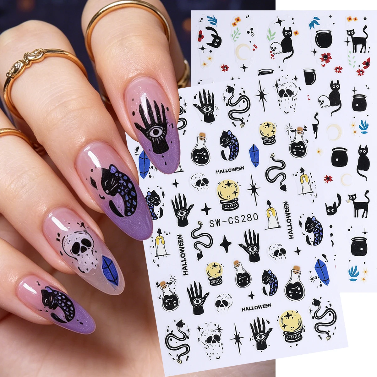 2pcs Gothic Halloween 3D Nail Art Stickers Cartoon Y2K Snake Magic Black Cat Skull Nail Decals DIY Manicure Decorations Stickers