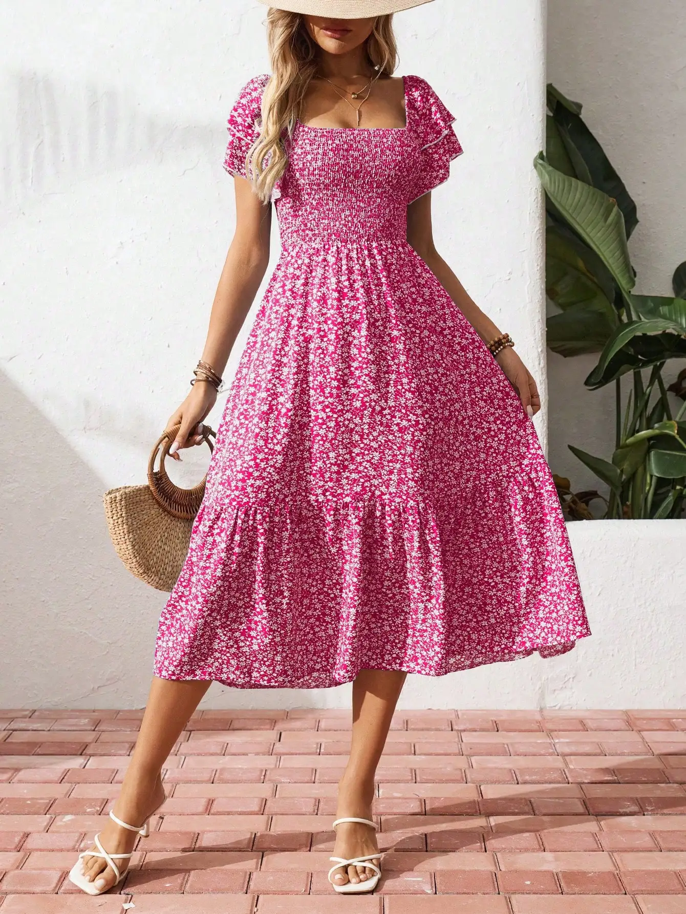 

Платье миди с квадратным вырезом и цветочным принтом, с короткими рукавами, повседневное, для летнего пляжного отдыха, женское