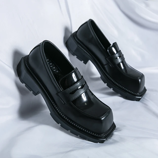Fashion Leather Men Thick Soled Square Toe Casual Shoes Breathable British Mens Sneakers High Quality Soft Flats Work Shoes AliExpress
