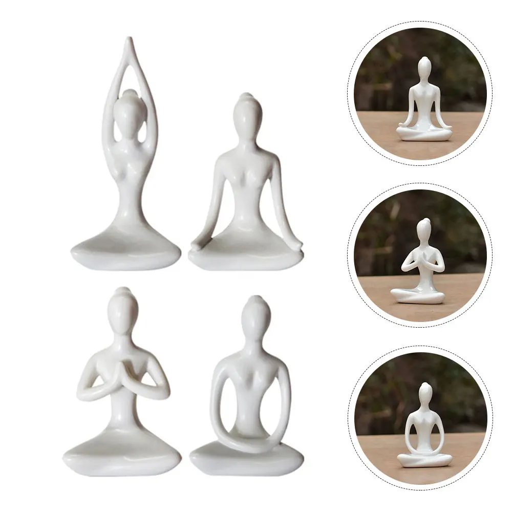 

4pcs Home Decor Yoga Statue White Ceramic Figurine Decorative Sculpture for Office Table Household Abstract Ornament Yoga