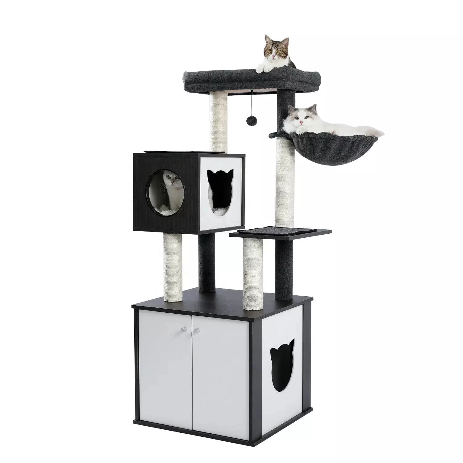 

Multifunctional Cat Tree Modern Wood Cat Tower Scratching Tree with Cat Washroom Litter Box House