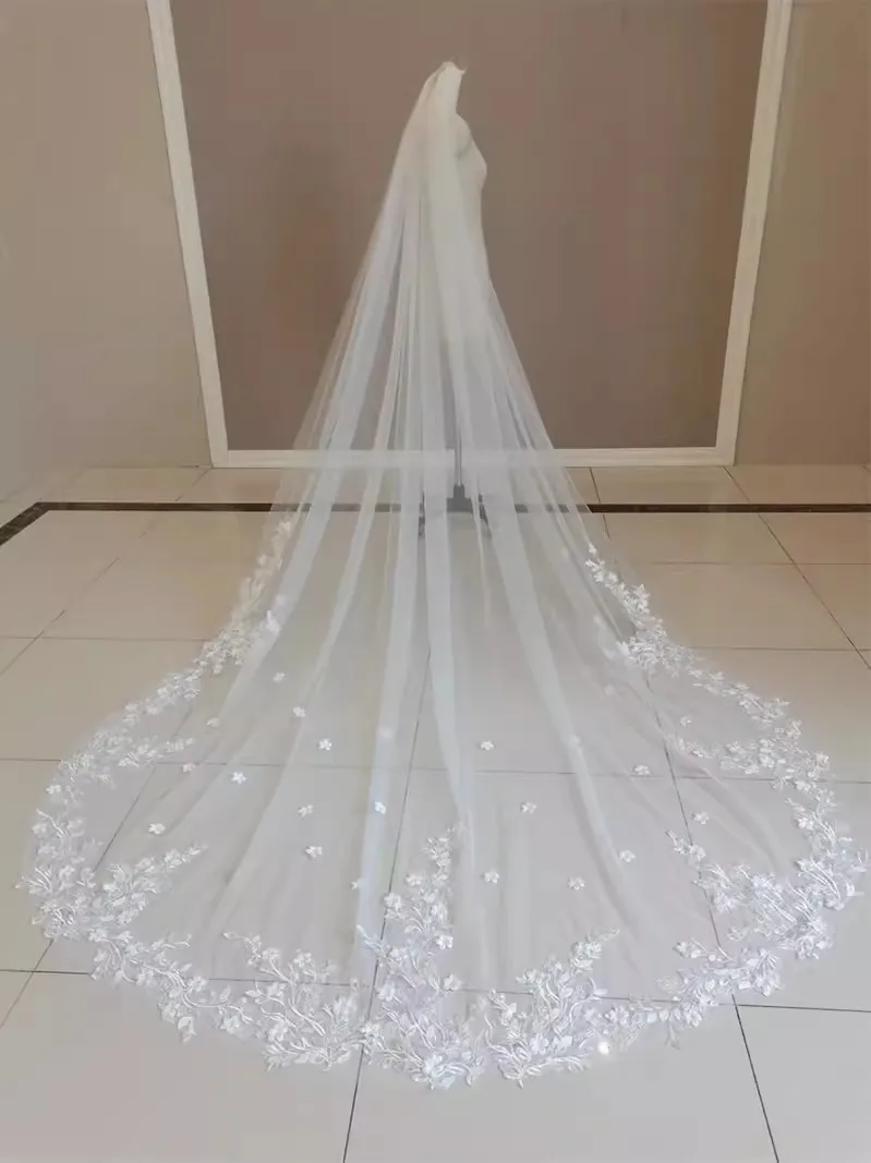 4M New Luxurious Cathedral Wedding Bridal Veil Lace veil white with Comb Wedding Accessories Customized Veil