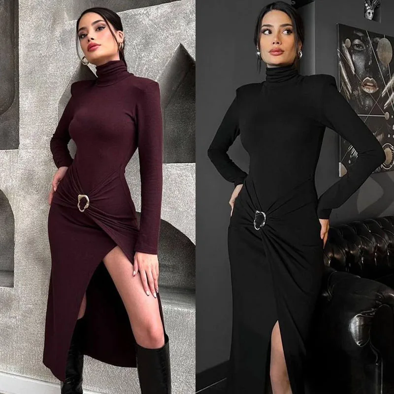 Kleider für Frauen Neue Langarm Rollkragen Frauen Kleid Schlank Sexy Schwarz Paket Hüfte Kleid Frauen Vestidos De Verano Mujer