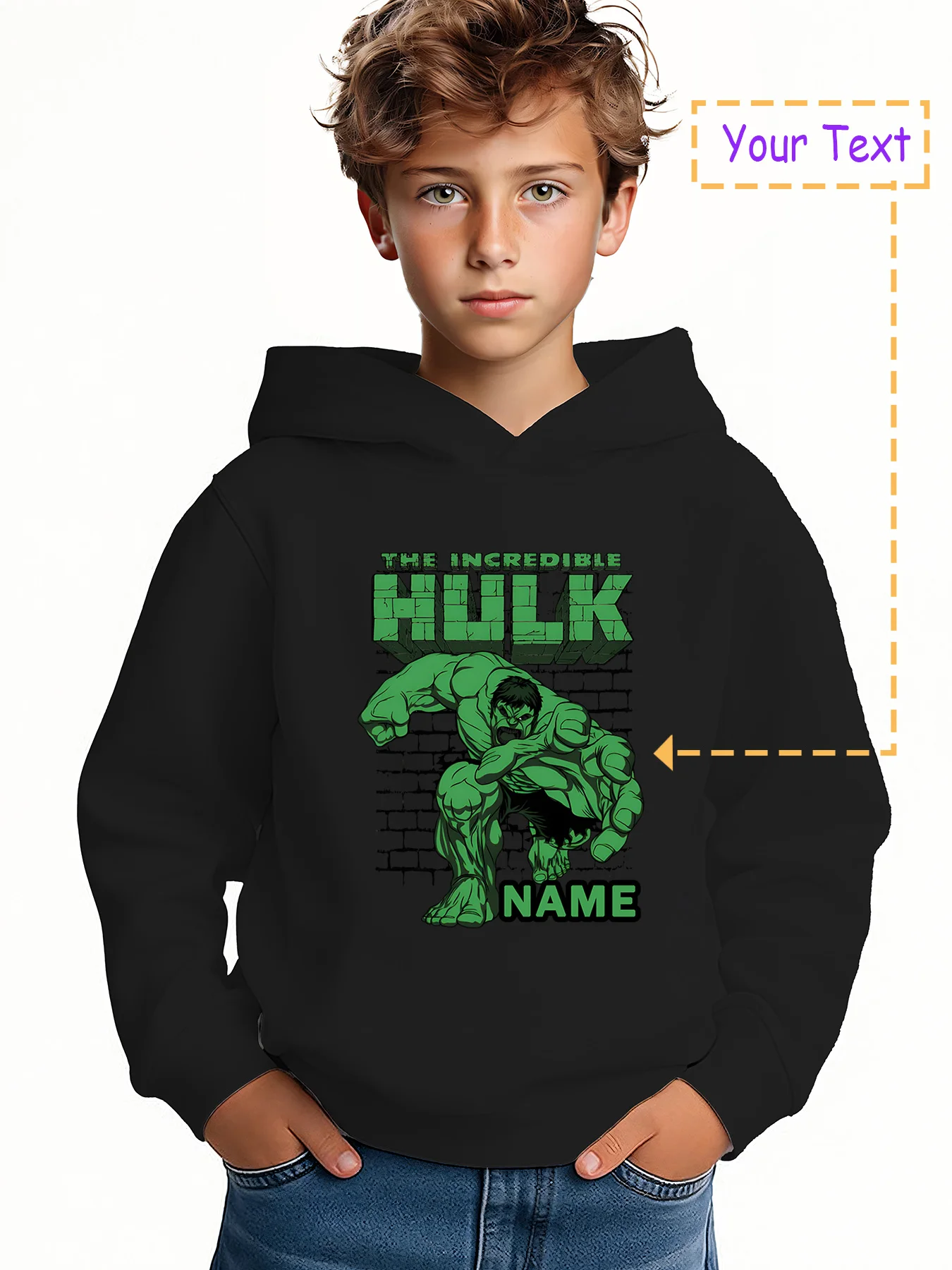 

MINISO Hulk Power Hoodie for Kids - Hulk bursts through walls for a powerful look. Perfect for outdoor play or sports. Customize