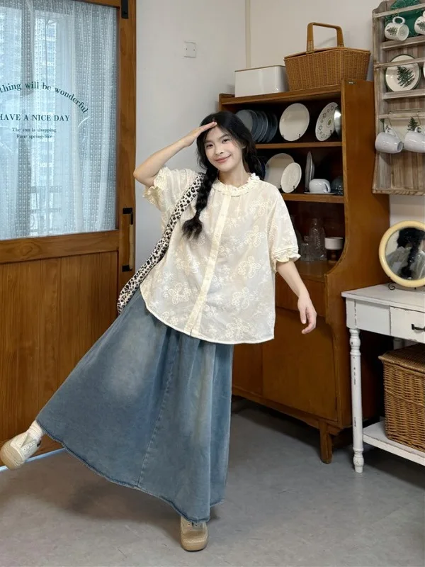 plus Size Women's Retro Japanese Style Shirt with Wood Grain  Collar Short Sleeve Denim  Skirt Set Summer New Arrival