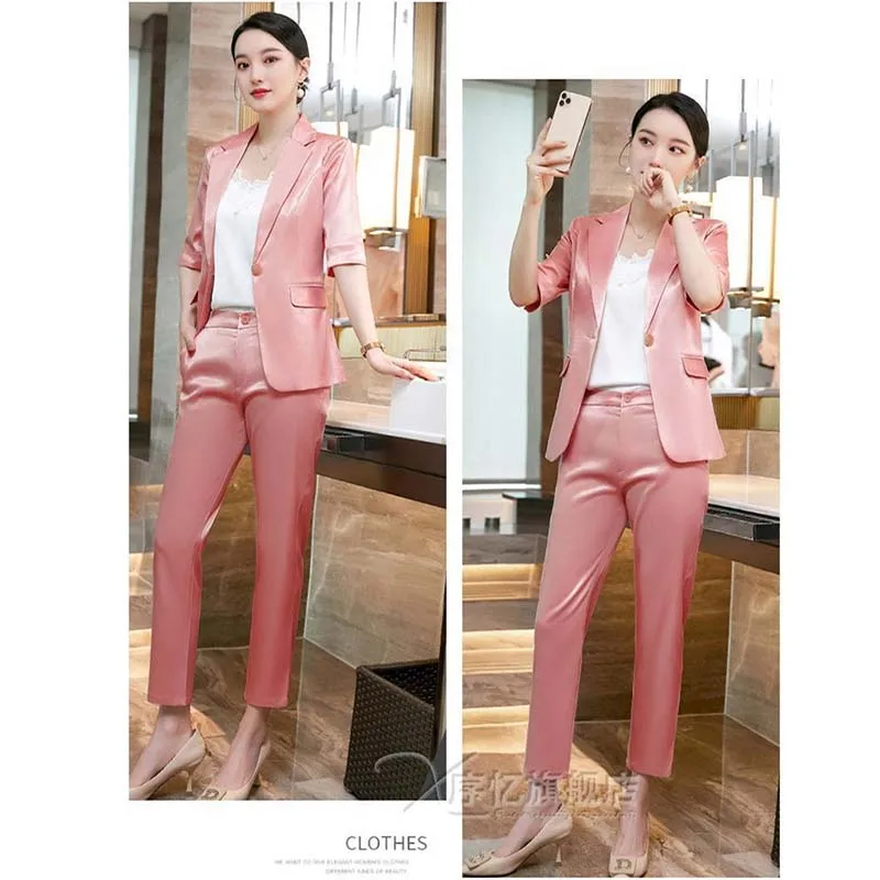 Suit Sets Women Temperament Spring Autumn Thin Section Acetate Satin Business Wear Office Lady High-End elegant Pink Suit Women